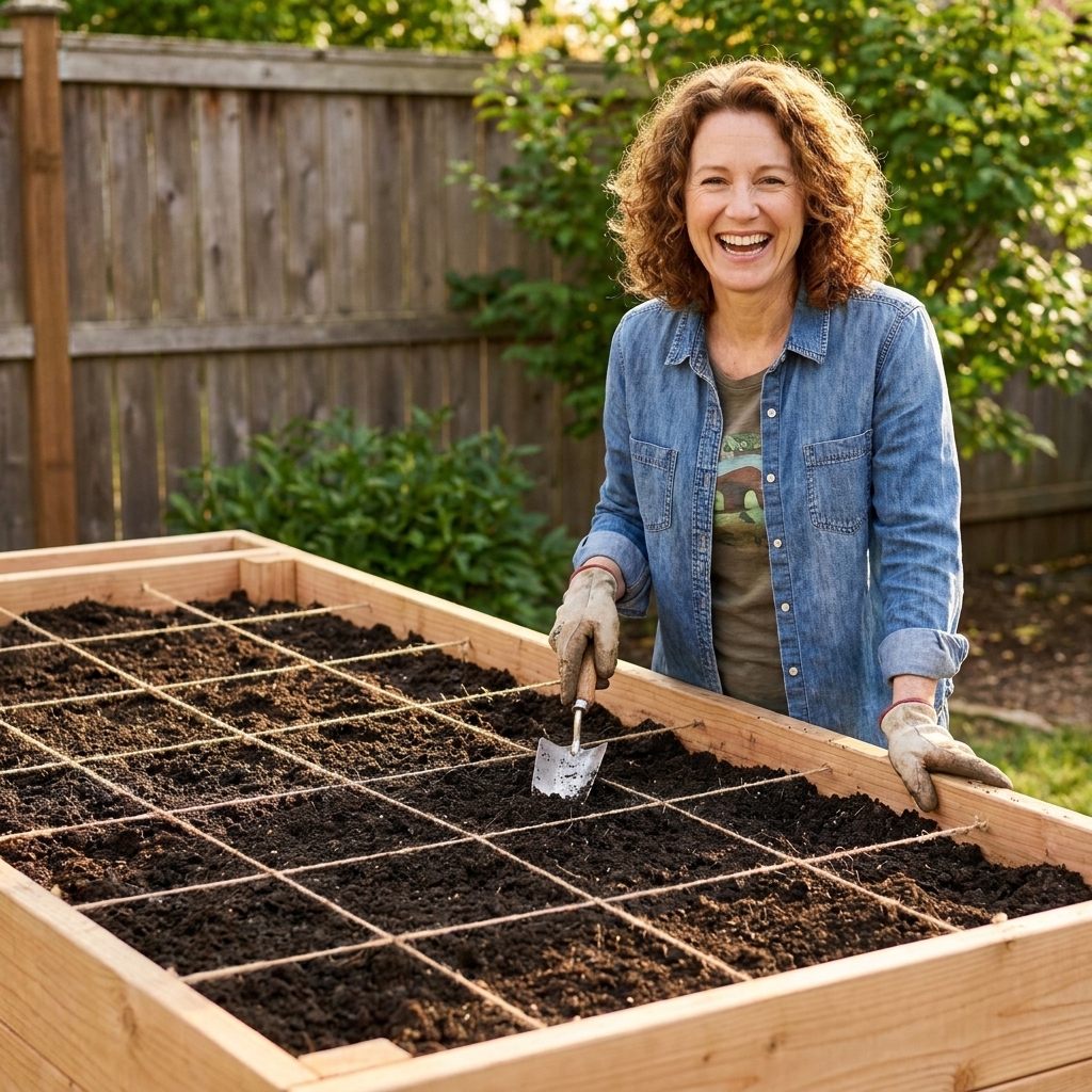 A backyard 4x8 raised bed with a twine grid making 32 one-foot squares, soil freshly amended and ready for planting