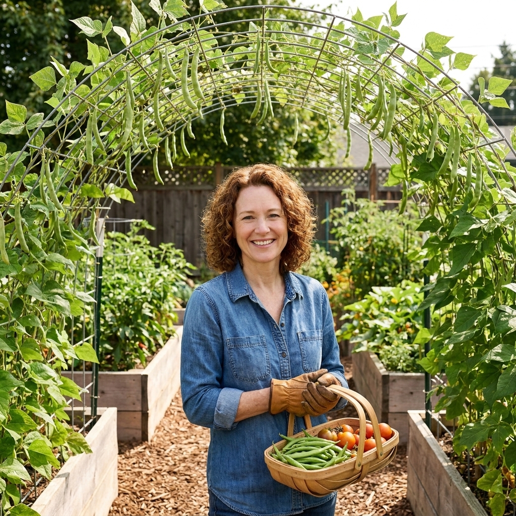 A backyard garden path with a cattle panel arched trellis between two raised beds, bean vines climbing overhead and hanging down
