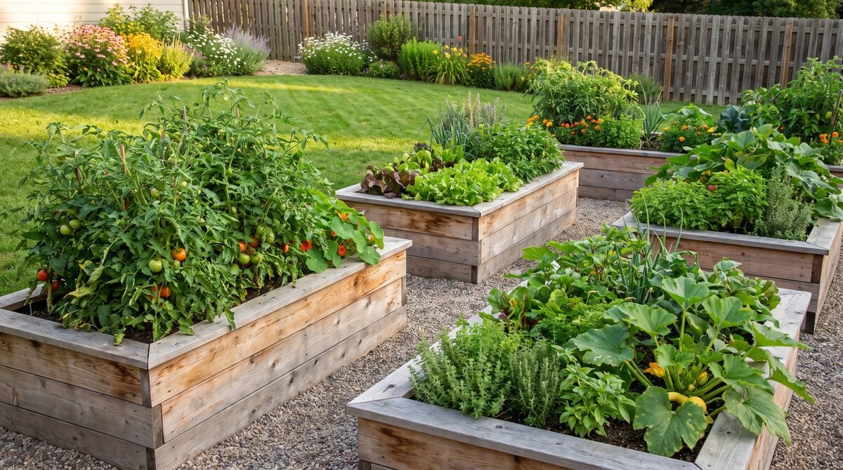 A backyard raised bed garden with mature vegetable plants and a gardener holding a basket of freshly harvested tomatoes and greens in natural daylight