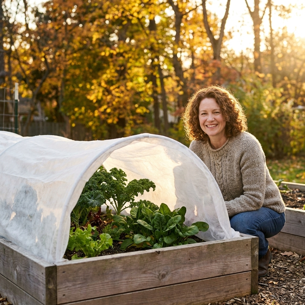 A backyard raised bed low tunnel covered with frost cloth in late afternoon light, with leafy greens growing inside and autumn trees behind it
