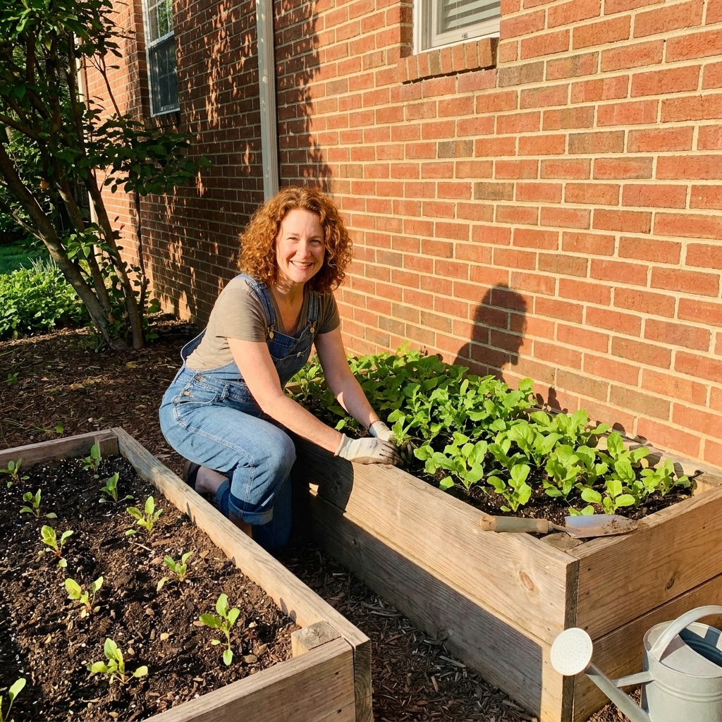 A backyard raised bed positioned next to a sun-warmed south-facing wall with seedlings thriving while a shadier bed nearby looks less advanced