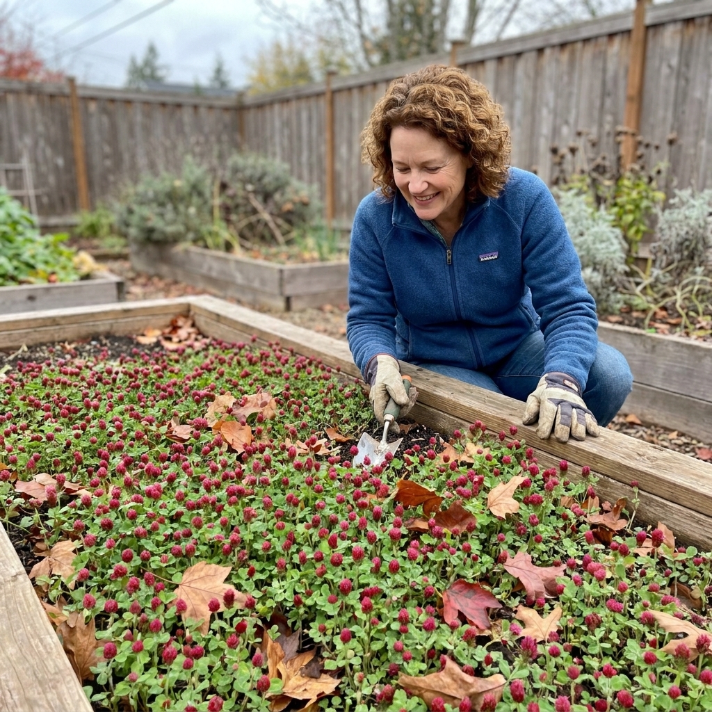 A backyard vegetable bed covered in dense crimson clover seedlings in cool weather, with a few fallen leaves scattered on top