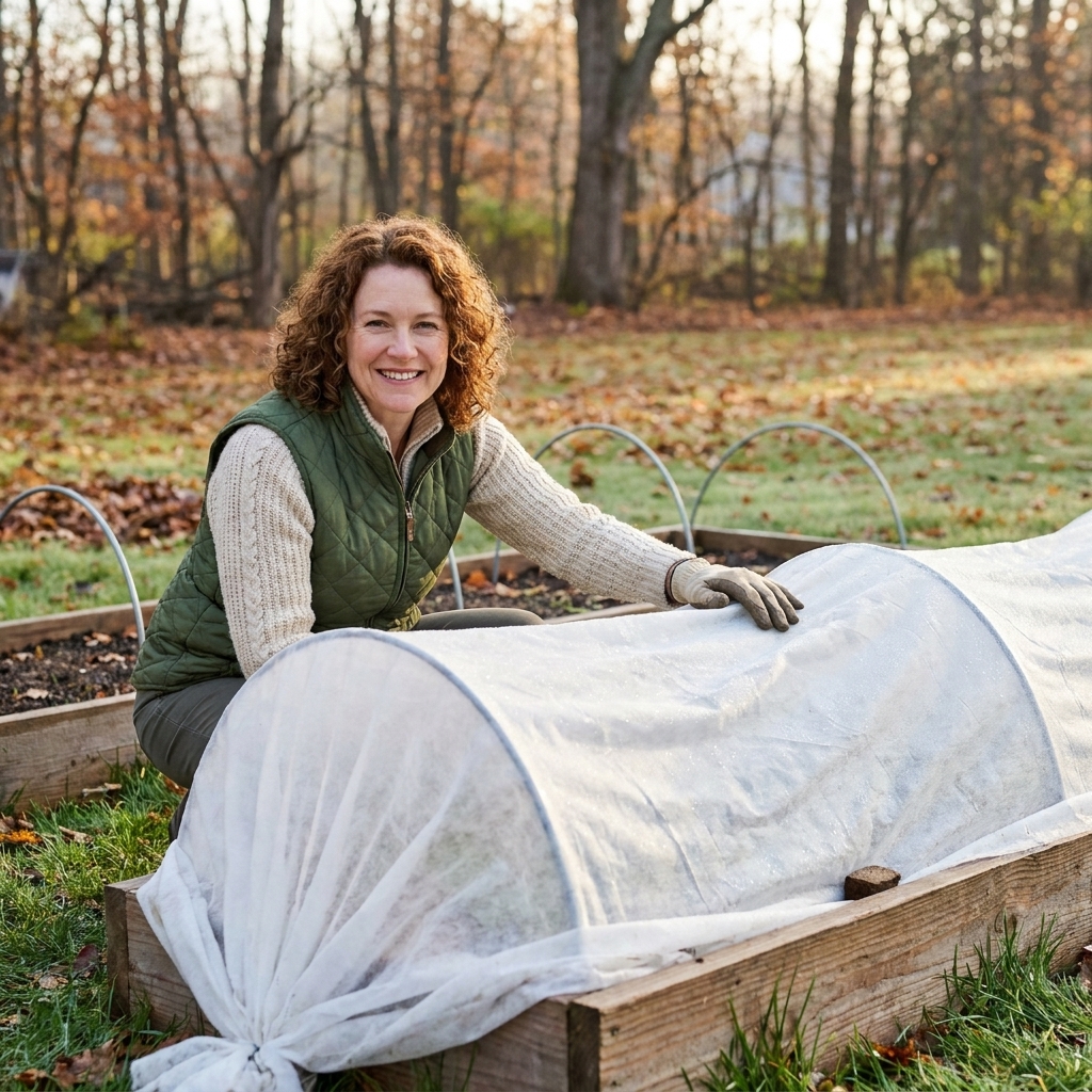 A backyard vegetable bed covered with white floating row cover draped over low wire hoops on a cool autumn morning