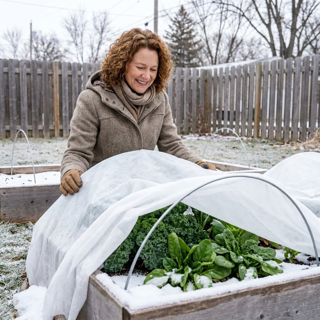 A backyard vegetable bed in winter covered with white frost cloth over low hoops with leafy greens growing underneath