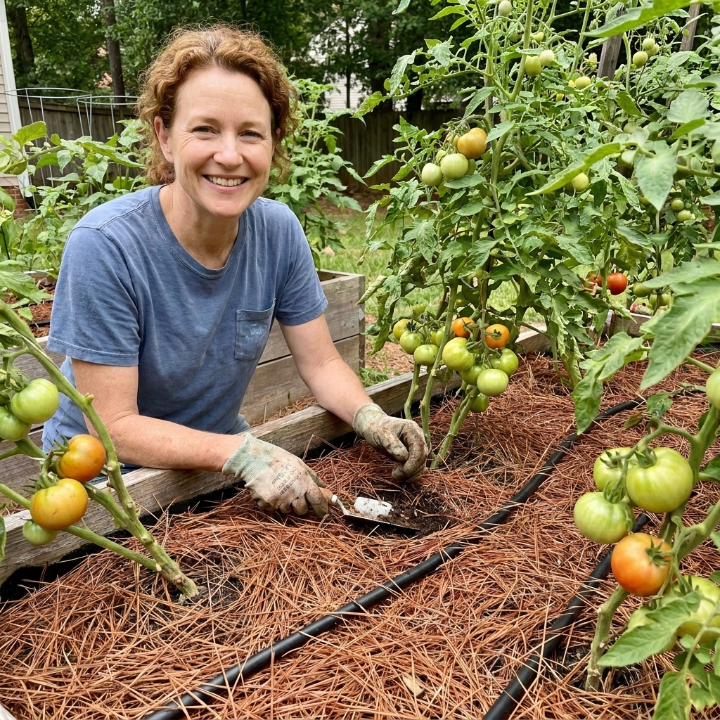 A backyard vegetable bed mulched with reddish-brown pine needles around mature tomato plants, with visible drip irrigation tubing running beneath the mulch