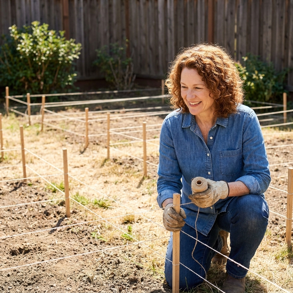 A backyard with garden string lines staked into the ground to mark the future placement of rectangular raised beds and paths