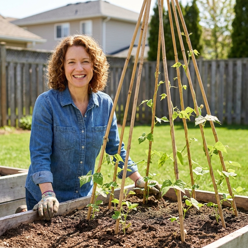 A bamboo teepee trellis in a raised bed with young pole bean plants climbing upward, set in a sunny suburban backyard