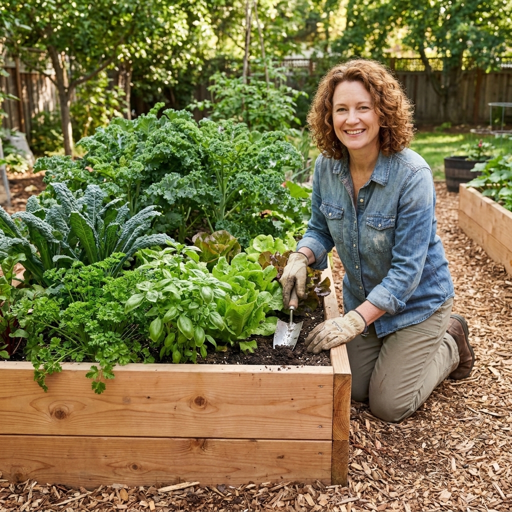 A cedar wood raised bed packed with leafy greens and herbs, surrounded by mulch paths in a backyard vegetable garden