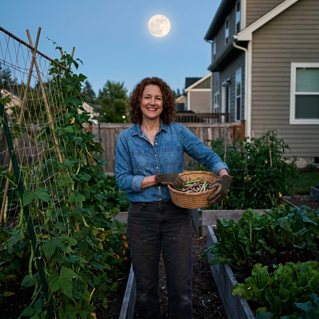 A clear full moon hanging above a quiet backyard vegetable garden with trellised beans and leafy beds visible in soft evening light