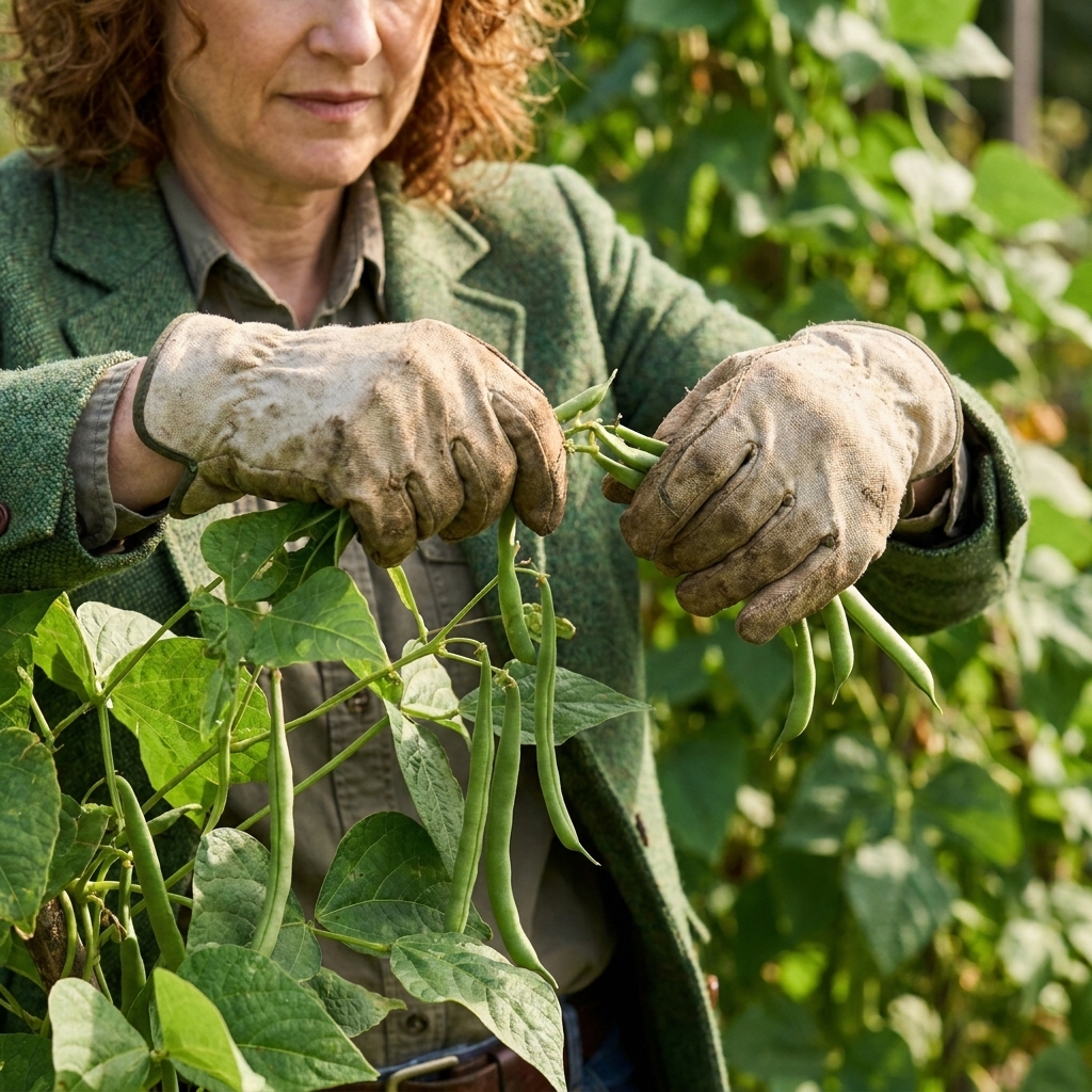 A close view of a gardener’s hands harvesting slender green beans from a leafy bean plant, with several pods still hanging
