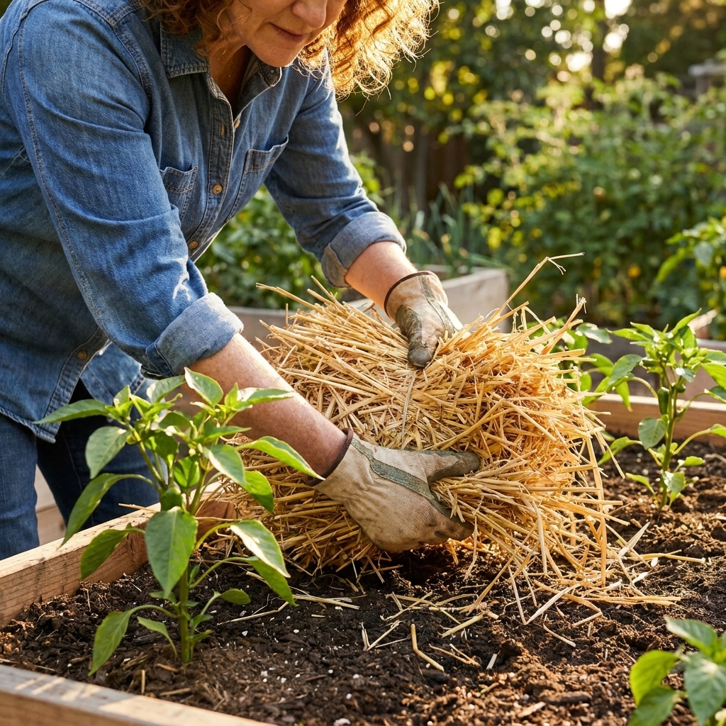 A close view of hands pulling apart a bale of straw and tucking the loose straw around the base of pepper plants in a backyard vegetable bed