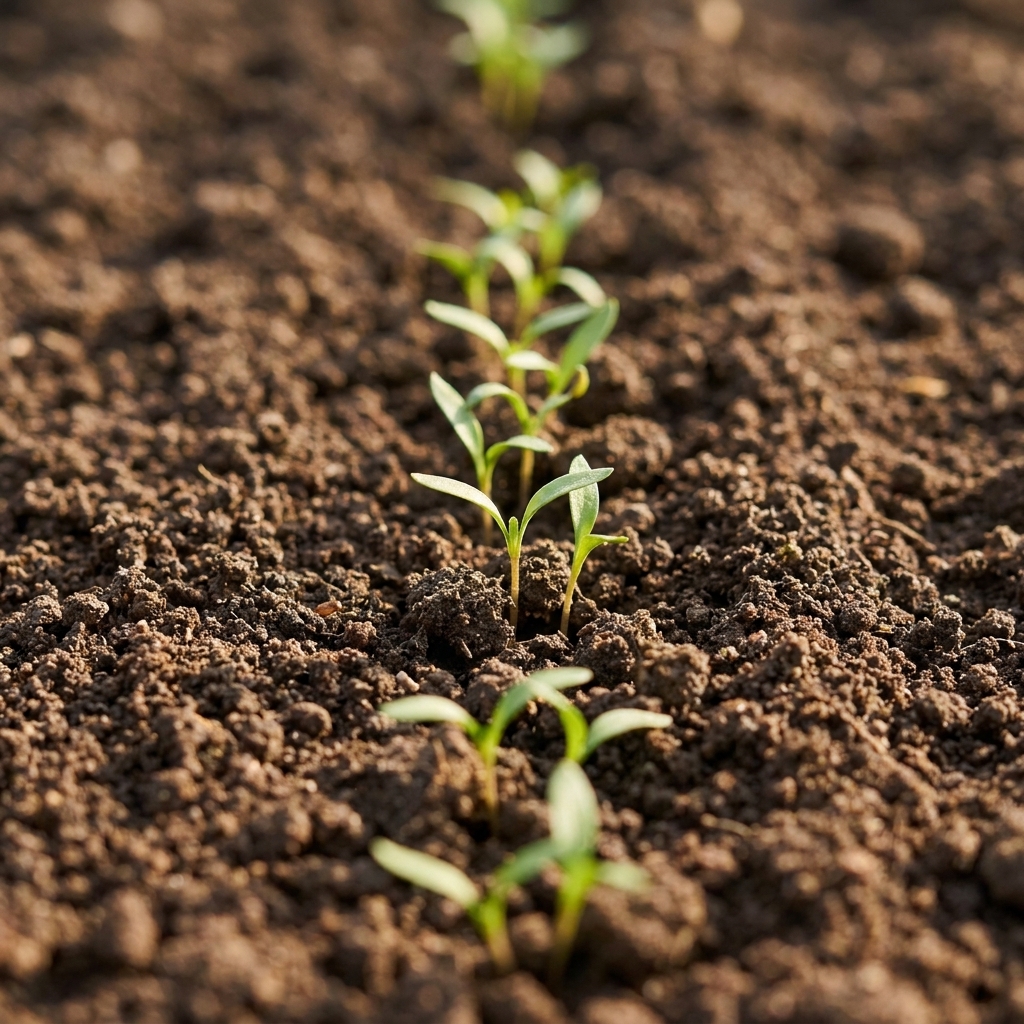 A close view of tiny carrot seedlings emerging in a straight garden row with fine-textured soil