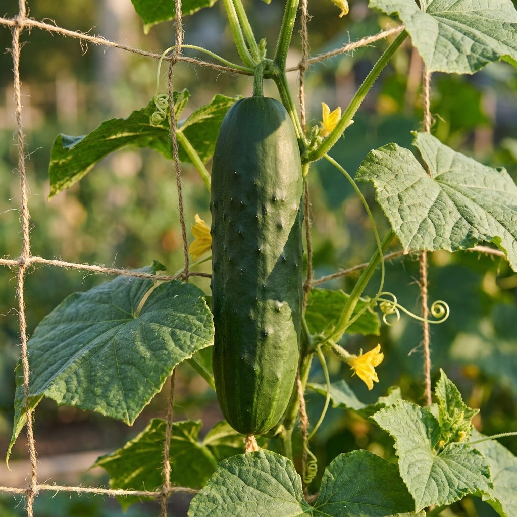 A dark green slicing cucumber hanging from a trellis net, firm and full-sized, with cucumber leaves and tendrils nearby