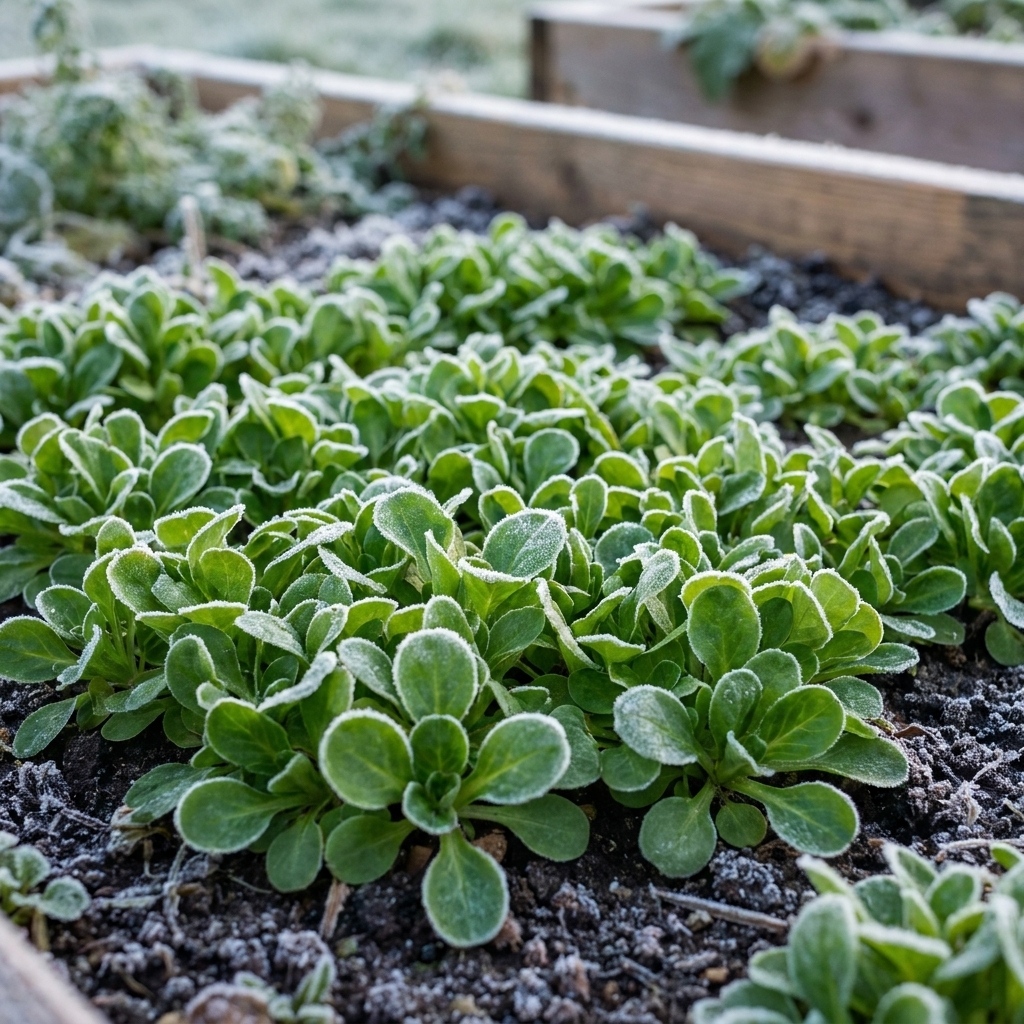A dense patch of mache greens growing low to the soil in a garden bed on a cold morning