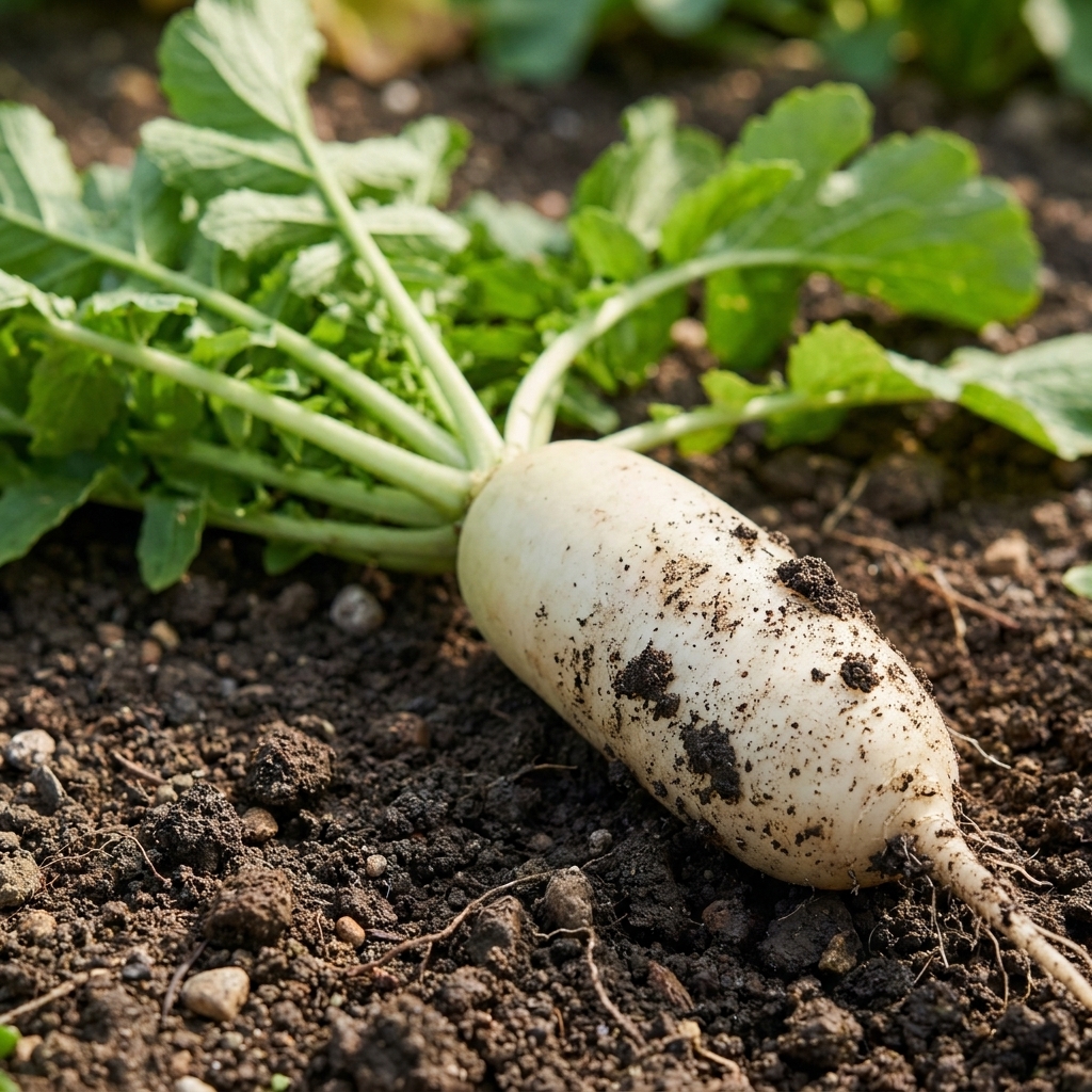 A freshly pulled white daikon radish resting on dark soil with green tops still attached