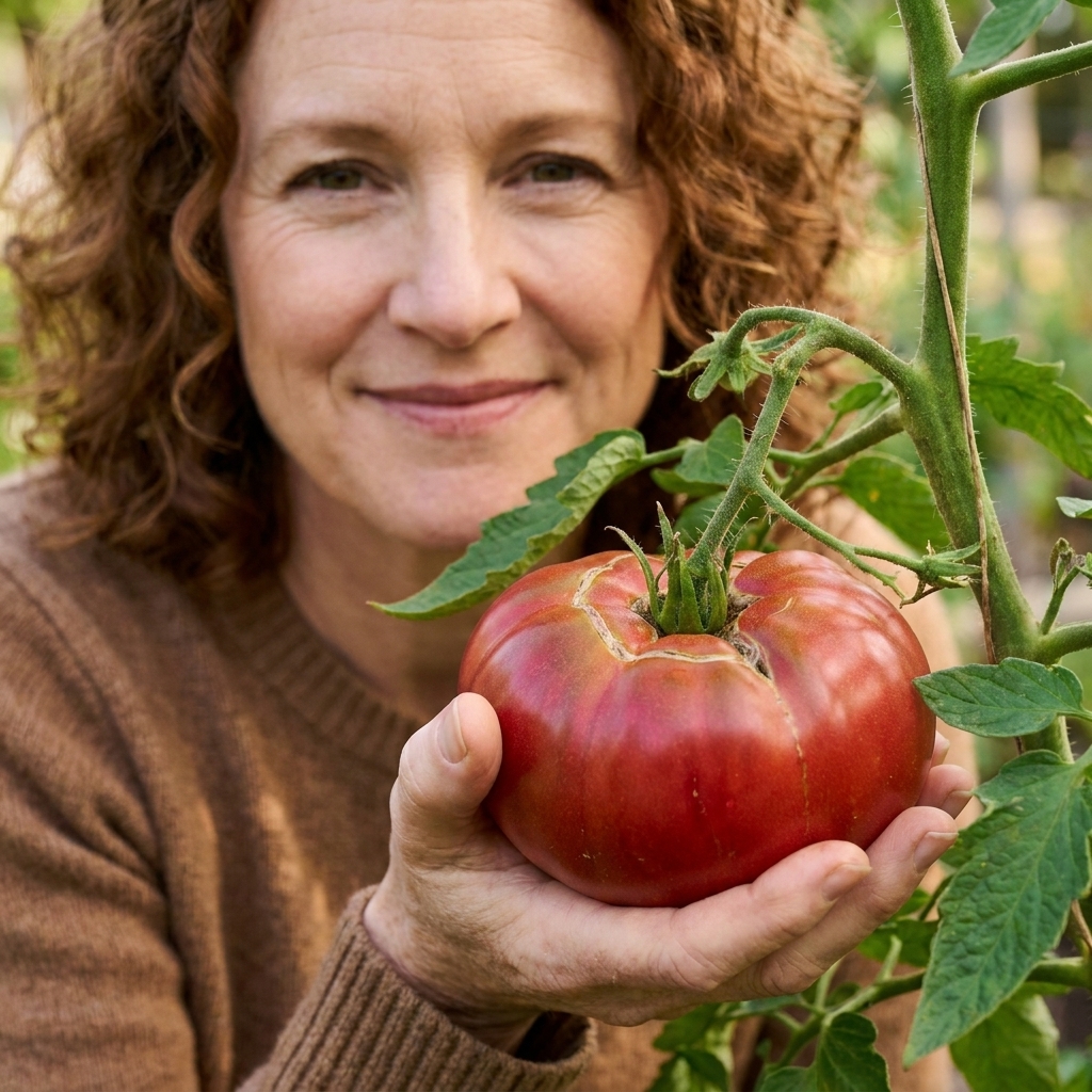 A fully ripe red heirloom tomato on the vine with green leaves and a sturdy stem, showing slight softness and rich color