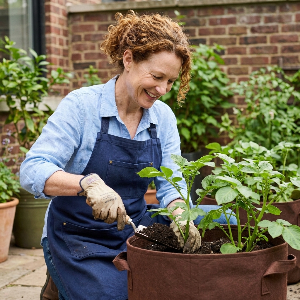 A gardener adding soil around growing potato stems inside a fabric grow bag, with green leaves above the soil line.