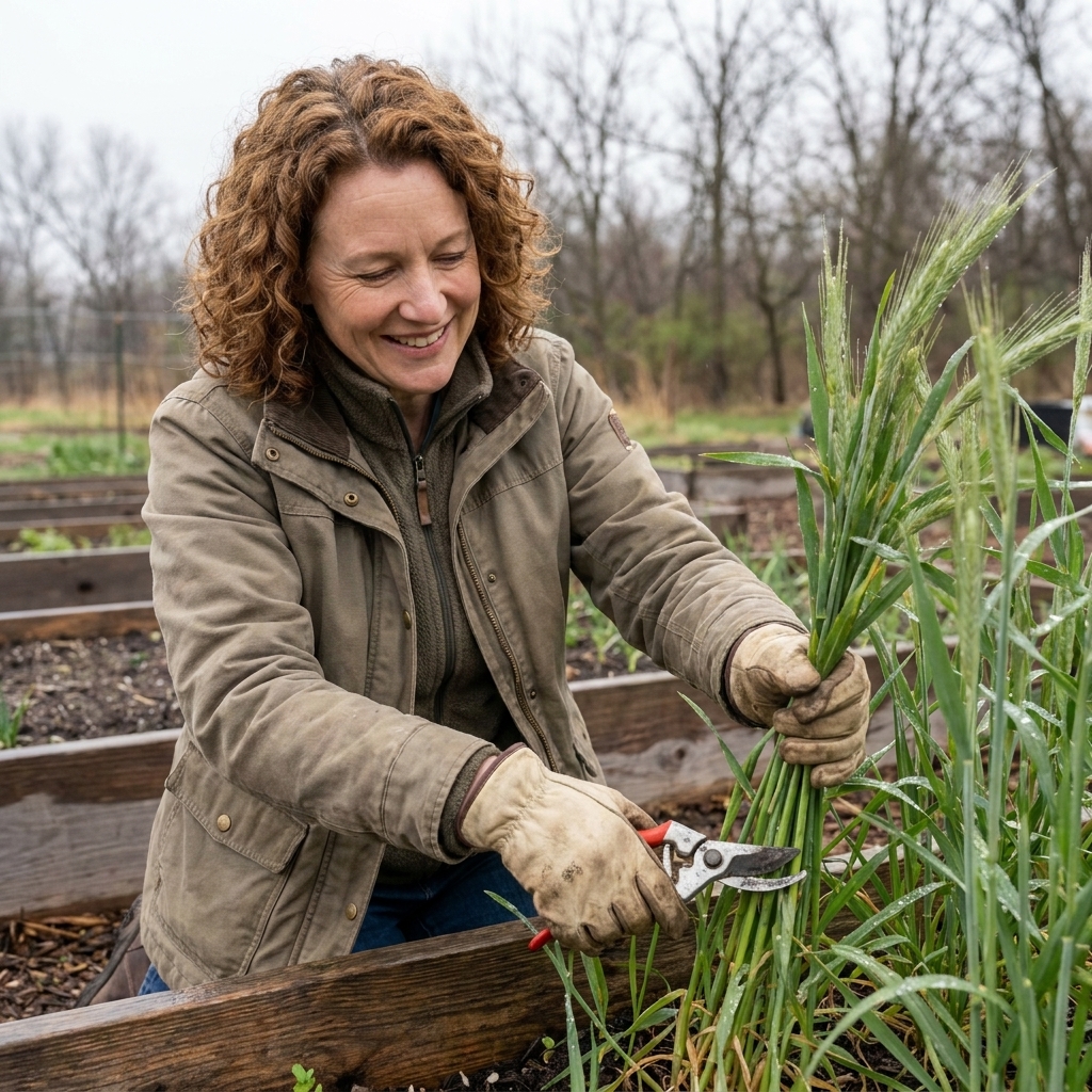 A gardener cutting down a thick stand of winter rye in a raised bed with hand shears on a cool spring day