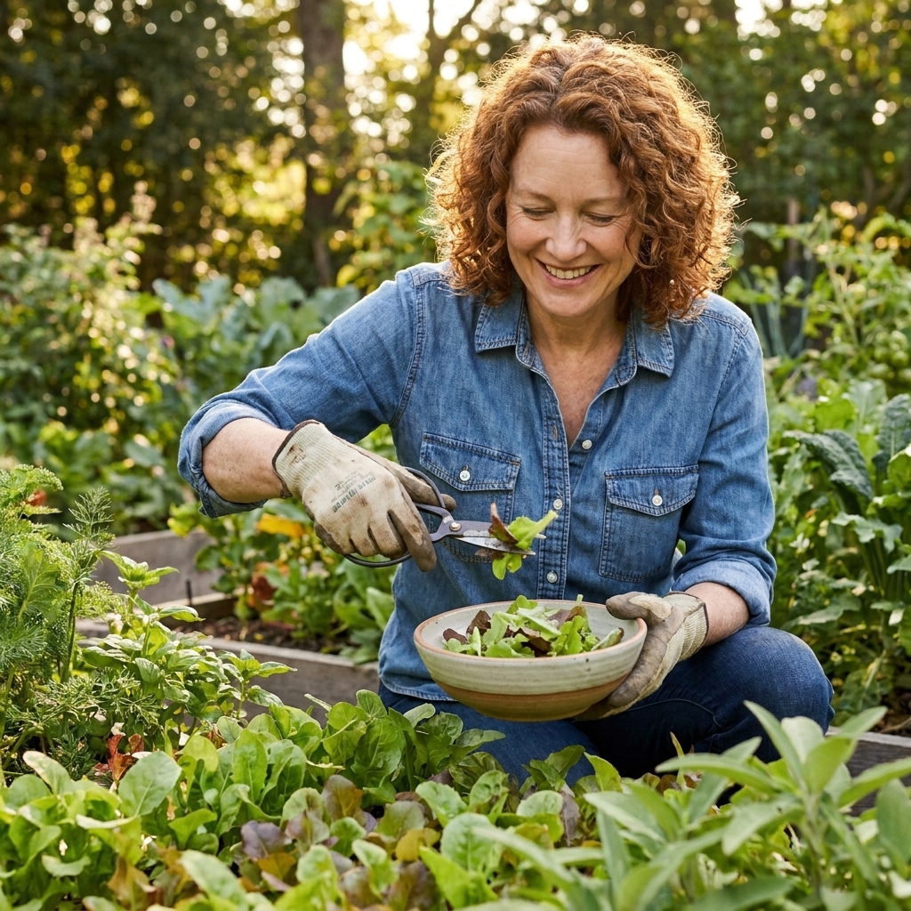 A gardener harvesting baby leaf lettuce with scissors into a bowl, with green and red-tinged leaves visible