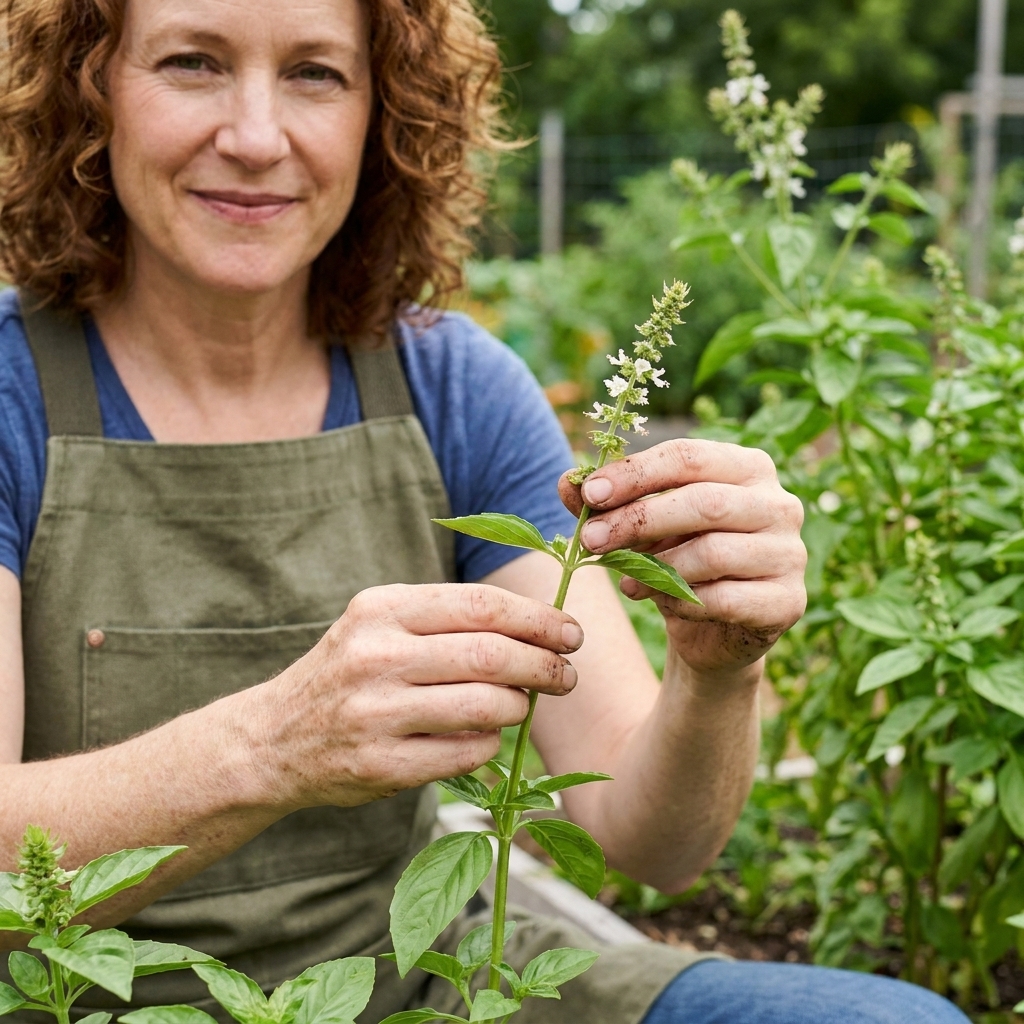 A gardener holding a basil stem with a visible flower spike and pinching the stem back to just above a lower leaf node