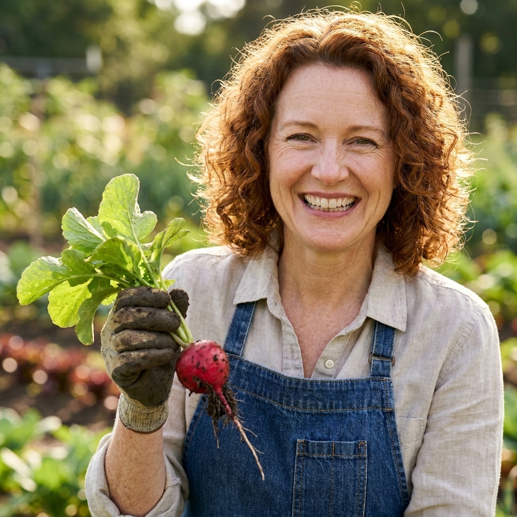 A gardener holding a freshly pulled red radish with green leaves attached, soil clinging to the root