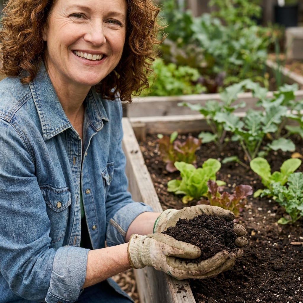 A gardener holding a handful of dark, crumbly worm castings over a wooden raised bed, with leafy vegetable seedlings visible in the background