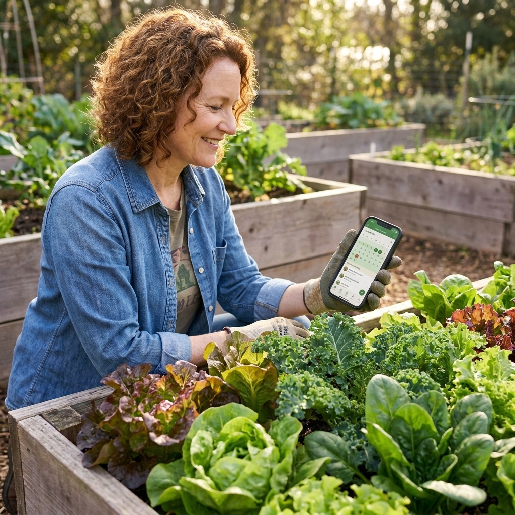A gardener holding a smartphone above a raised bed filled with leafy greens, checking a garden planning calendar while standing outdoors in natural light