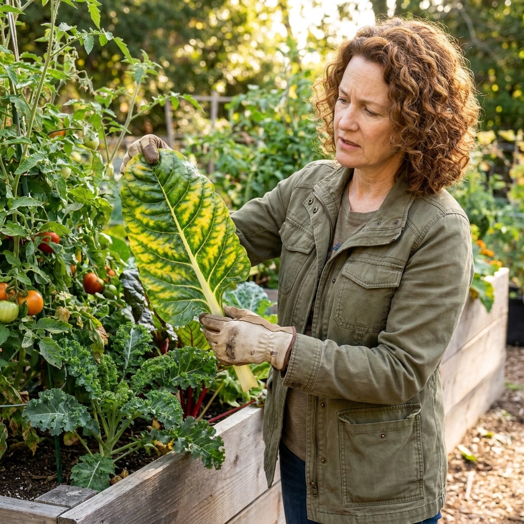 A gardener holding a vegetable leaf with visible yellowing between the veins while standing beside a raised bed of mixed vegetables