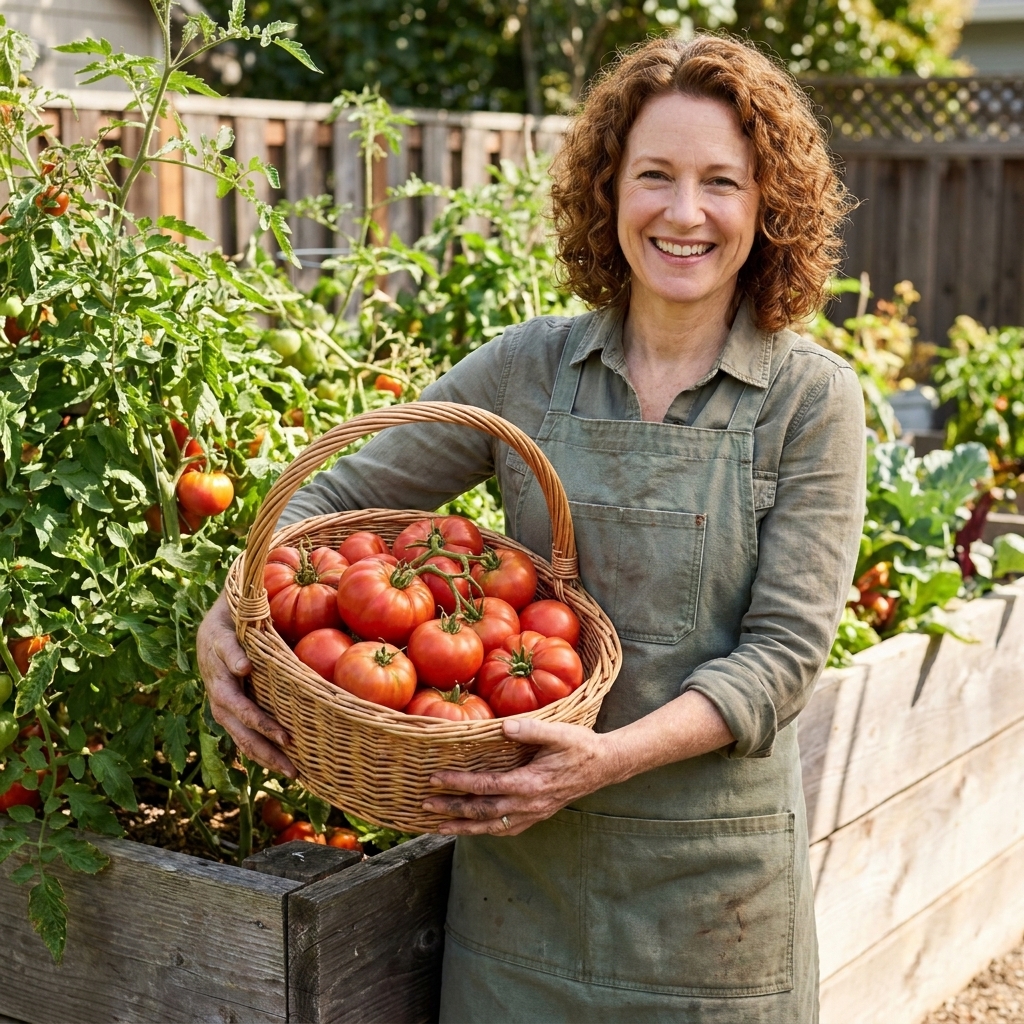 A gardener holding a wicker basket filled with freshly harvested ripe red tomatoes beside a backyard raised bed