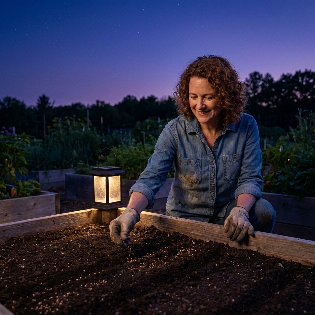 A gardener kneeling beside a raised bed at twilight, gently sowing seeds into shallow furrows with a dark sky above and the first stars visible