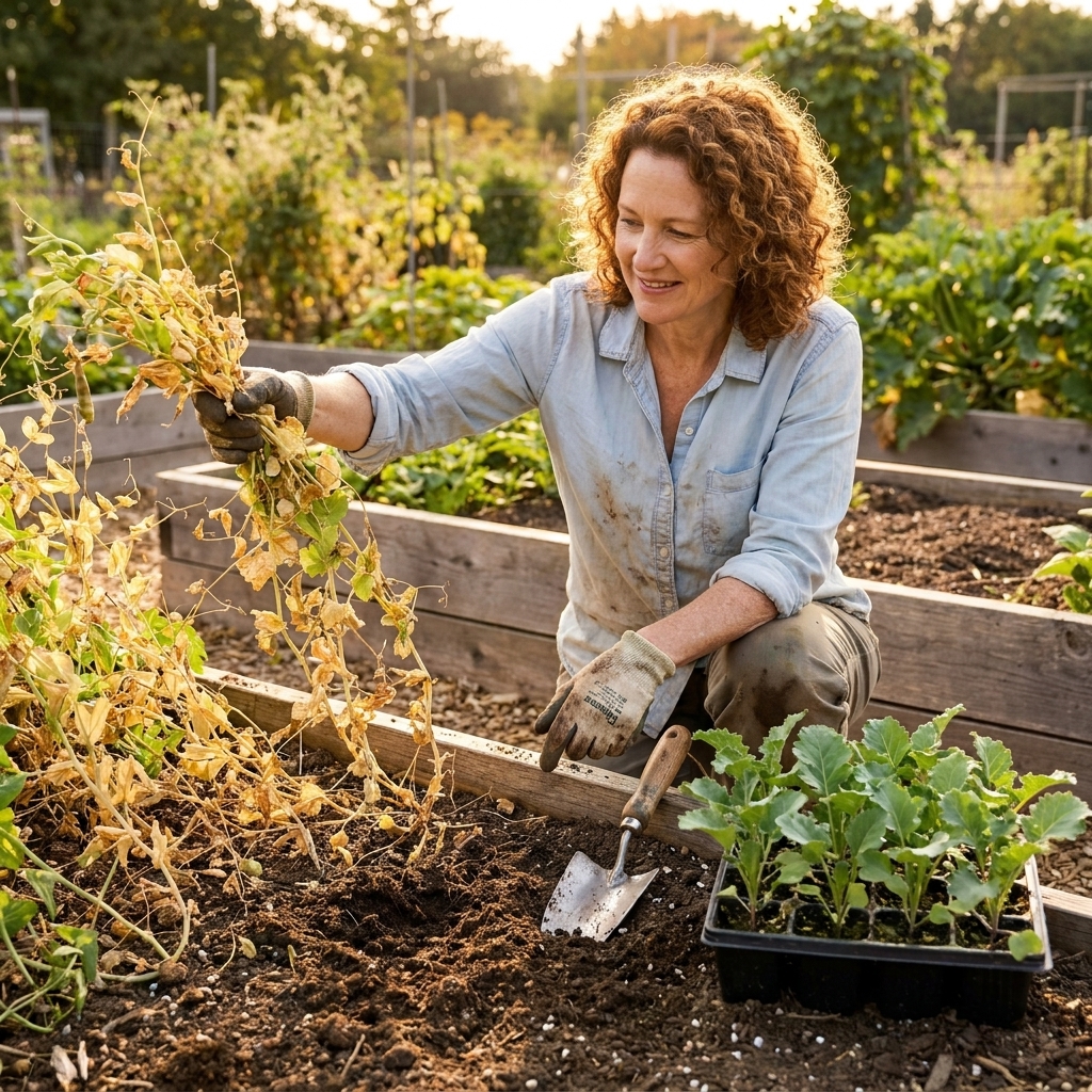 A gardener kneeling beside a raised bed in late summer, pulling out finished pea vines and planting young kale seedlings into the newly opened space