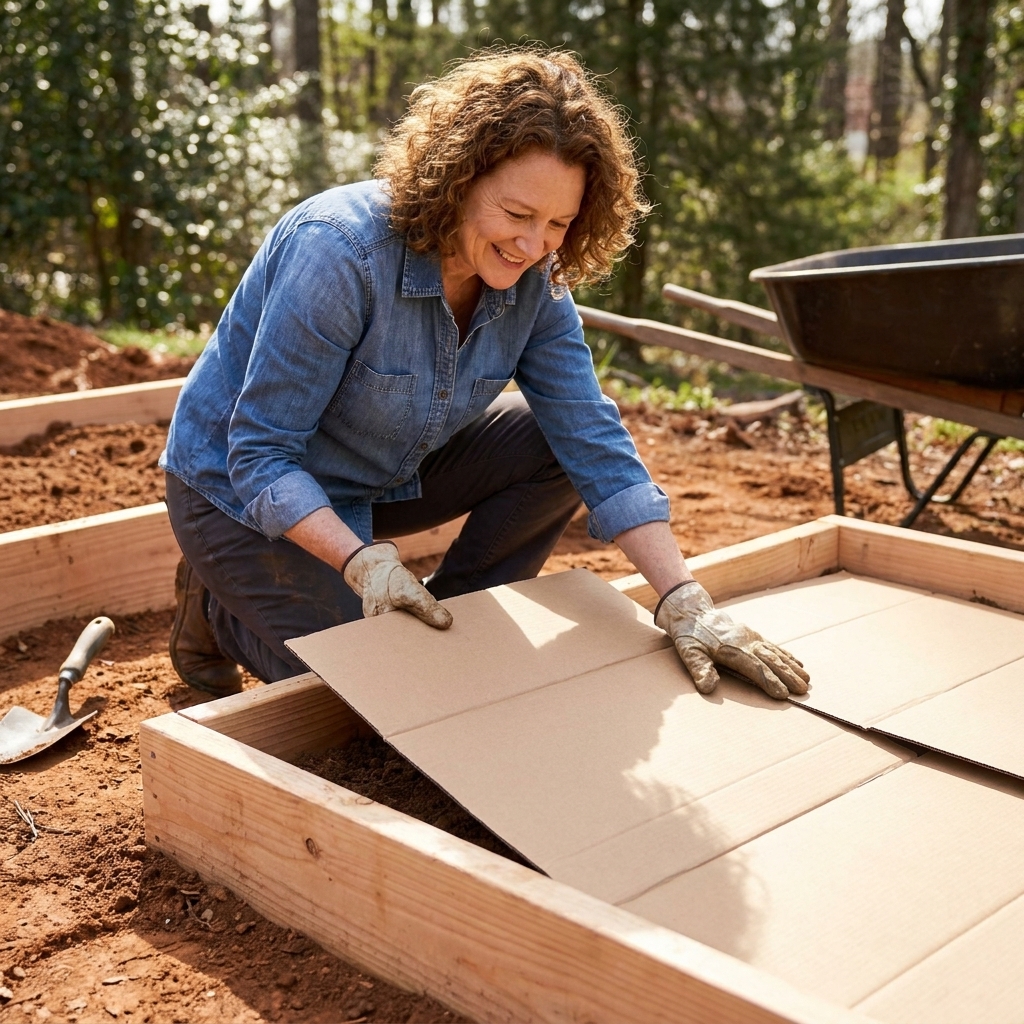 A gardener laying plain brown cardboard sheets on clay ground beneath a wooden raised bed frame before adding soil
