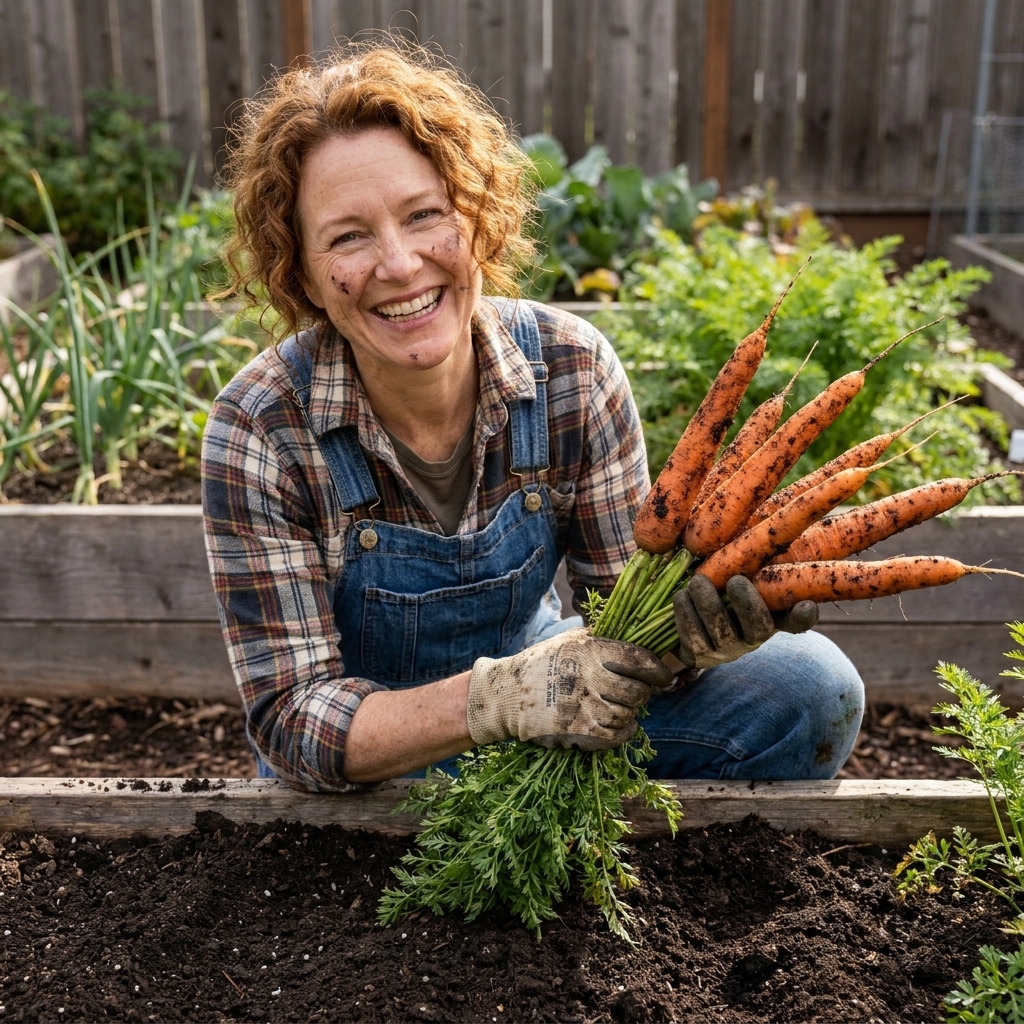 A gardener lifting a bunch of freshly harvested carrots from a raised bed, showing long straight roots coated with dark garden soil