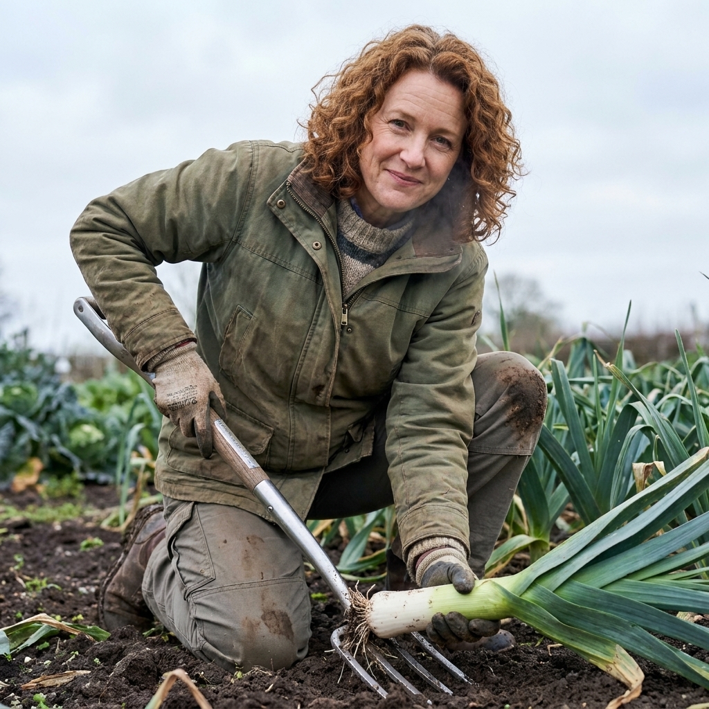 A gardener lifting a thick leek from a garden bed with a digging fork on a chilly overcast day
