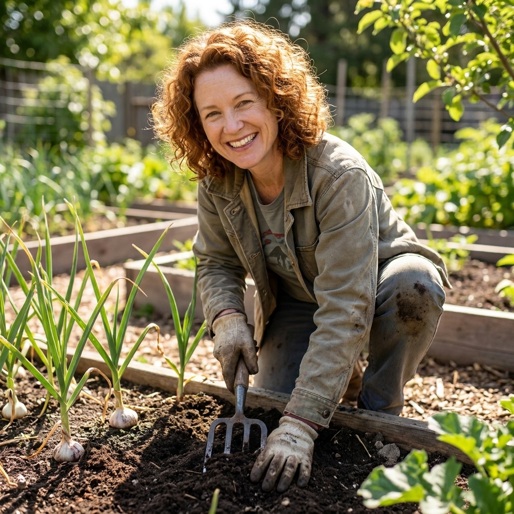 A gardener loosening soil with a garden fork to lift garlic bulbs without tearing the stems