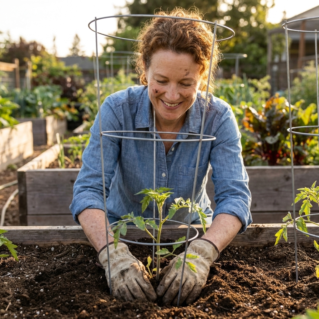 A gardener planting a young tomato seedling deep in a raised bed with a tomato cage positioned over the plant