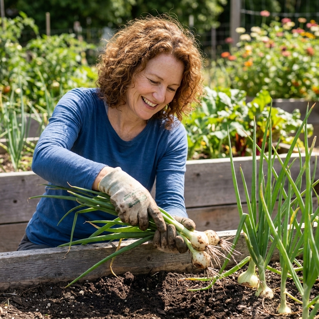 A gardener pulling a small bunch of green onions from a raised bed with long green tops and white stems