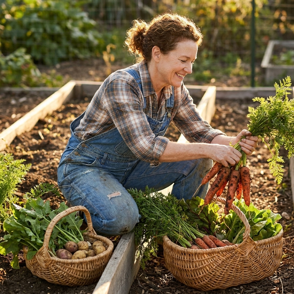 A gardener pulling fresh carrots from a raised bed, soil clinging to the roots, with a basket of vegetables nearby in natural afternoon light