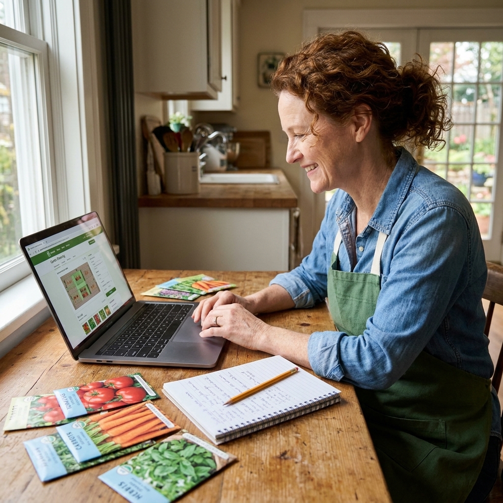 A gardener sitting at a kitchen table with a laptop open to a garden planning tool while seed packets and a notebook are spread nearby