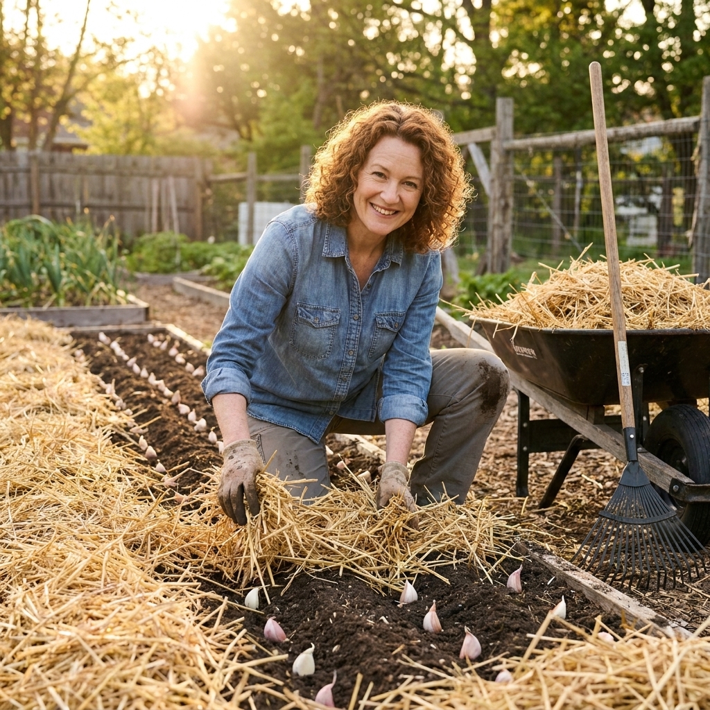 A gardener spreading a thick layer of clean straw mulch over newly planted garlic in neat rows in a backyard garden