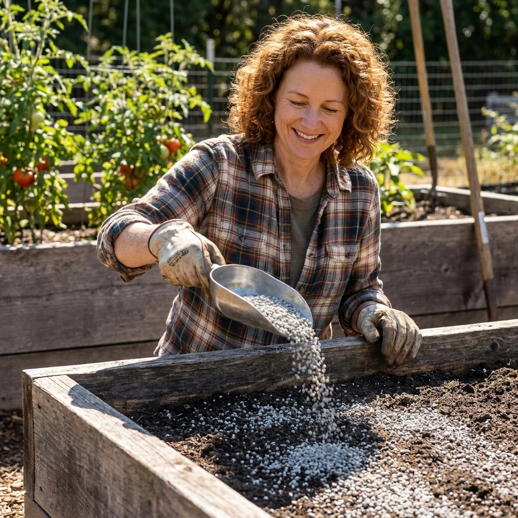 A gardener sprinkling pelletized garden lime evenly over the soil surface of a wooden raised bed on a clear day