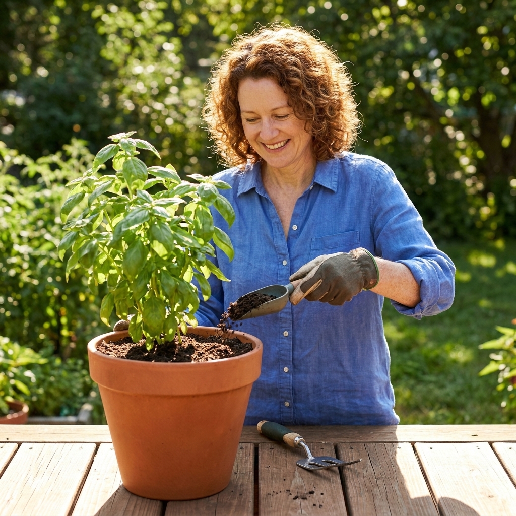 A gardener sprinkling worm castings on the soil surface of a container basil plant on a sunny deck, with a small hand fork nearby