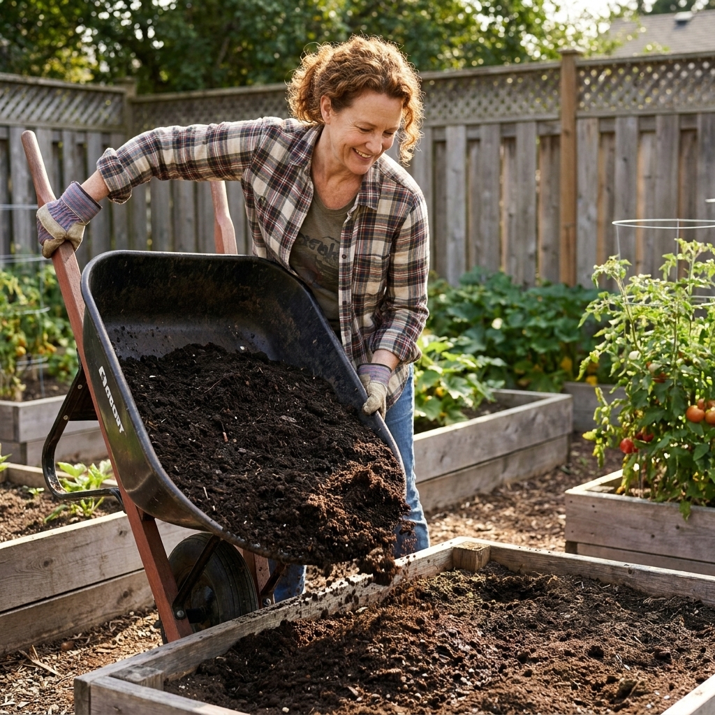 A gardener tipping a wheelbarrow of dark compost into a wooden raised bed in a backyard