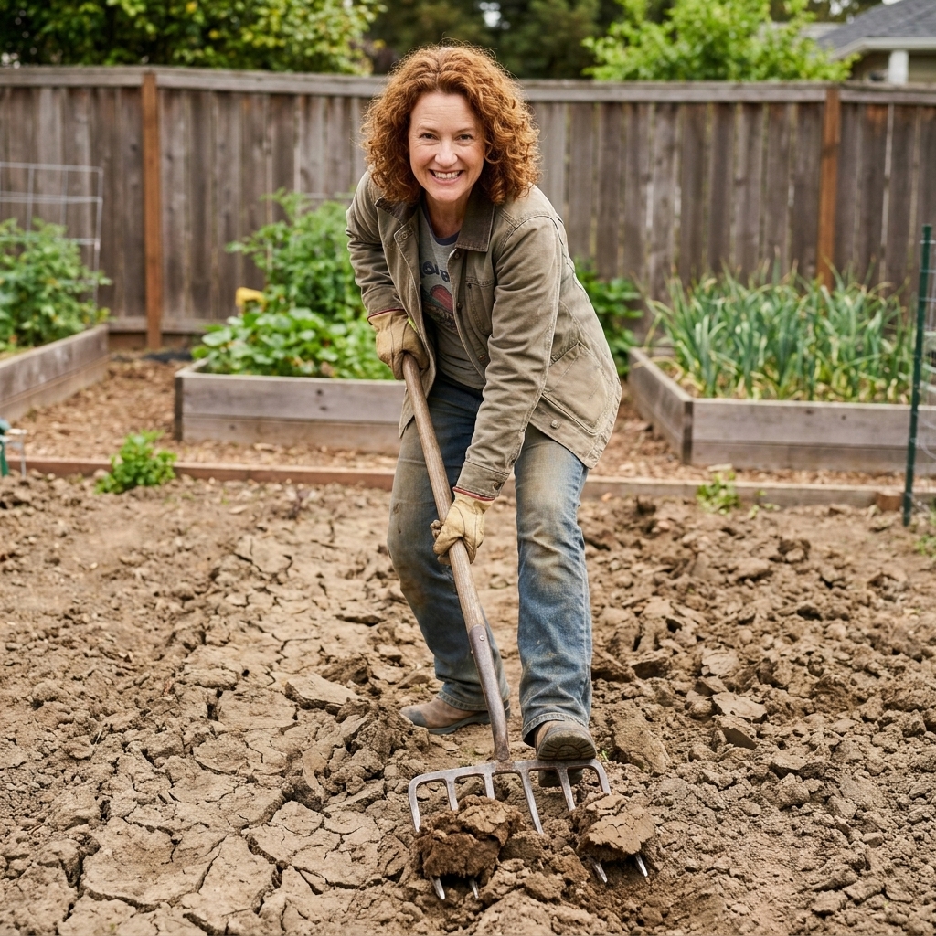 A gardener using a broadfork to loosen compacted clay soil in a backyard, with the tines sunk into the ground and the handles pulled back