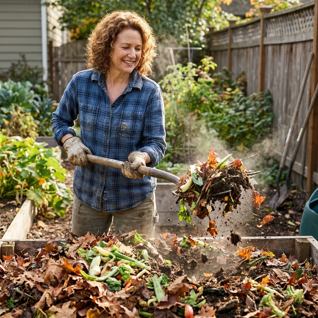 A gardener using a garden fork to turn a compost pile in a backyard, with brown leaves and green scraps visible mid-mix