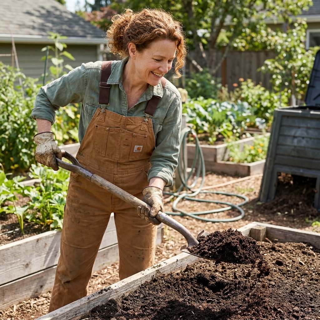 A gardener using a shovel to spread finished compost across the surface of a wooden raised bed in a backyard, soil dark and crumbly