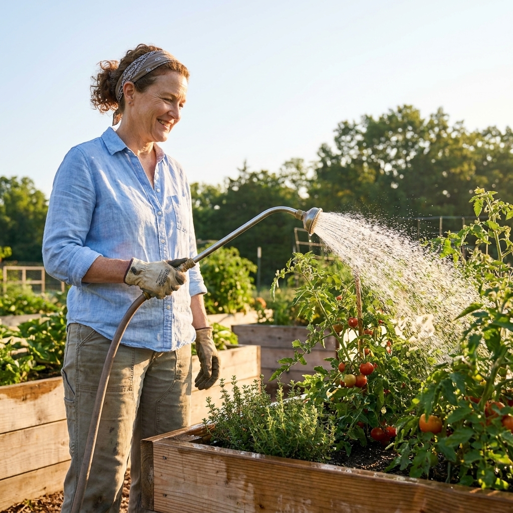 A gardener watering a wooden raised bed with a hose wand on a clear summer morning