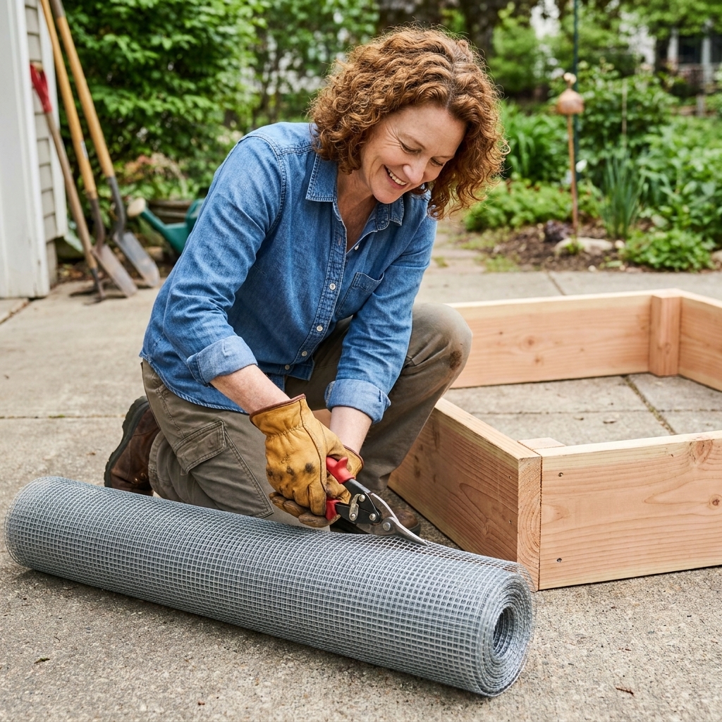 A gardener wearing work gloves uses tin snips to cut galvanized hardware cloth on a driveway next to a wooden raised bed frame