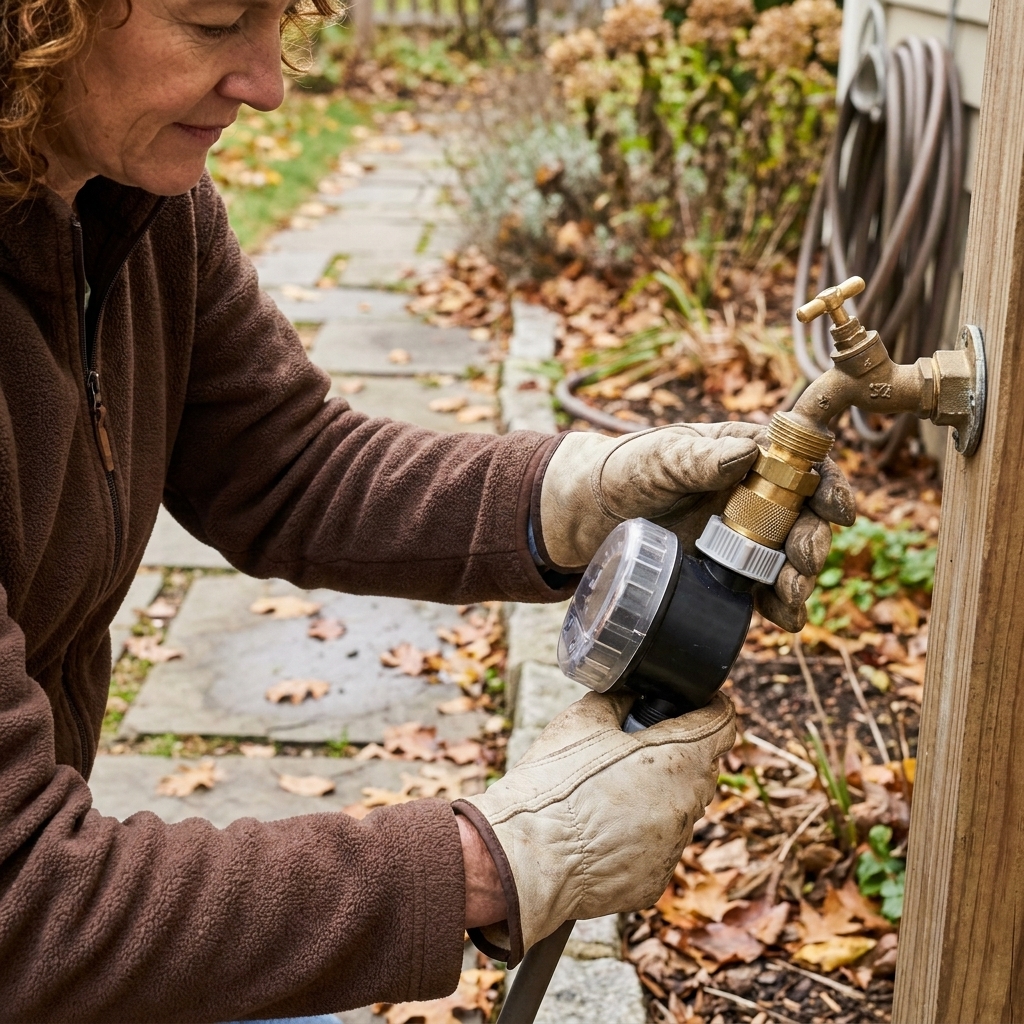 A gardener’s hands disconnecting a hose timer and filter from an outdoor spigot beside a garden path, preparing a drip system for winter storage