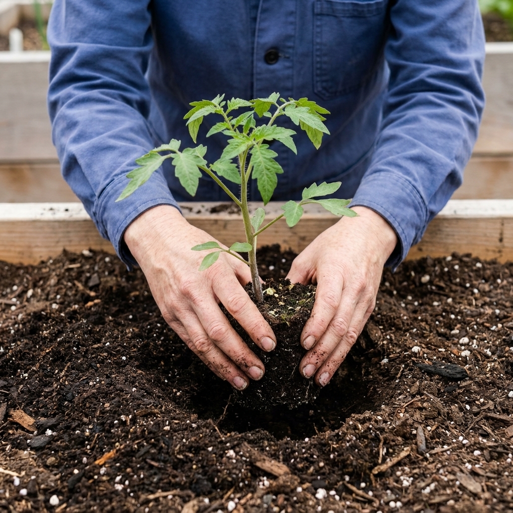 A gardener's hands placing a young tomato transplant into a freshly dug hole in a raised bed, with loose soil and compost visible